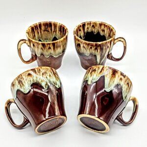 Set of 4 Vintage Canonsburg Ironstone Brown Drip Glaze Ceramic Flat Cup Mugs